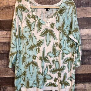 NWT Talbots Womens Slub V-Neck Lightweight Sweater 1X Floral Tropical Leaves